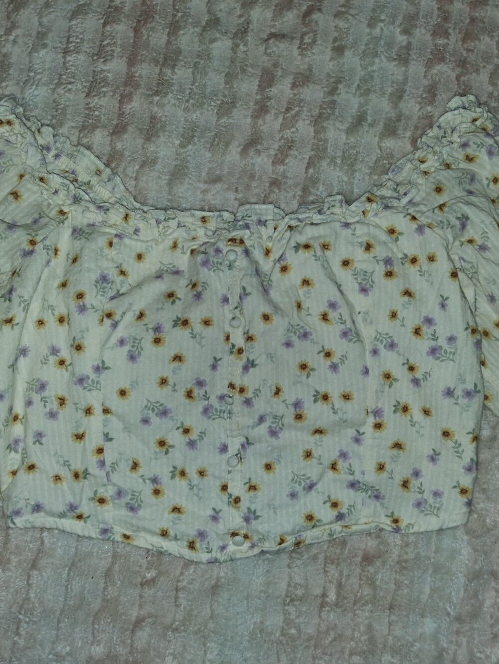 Floral Off-Shoulder Crop Top - Cream with Yellow & Lavender Flowers